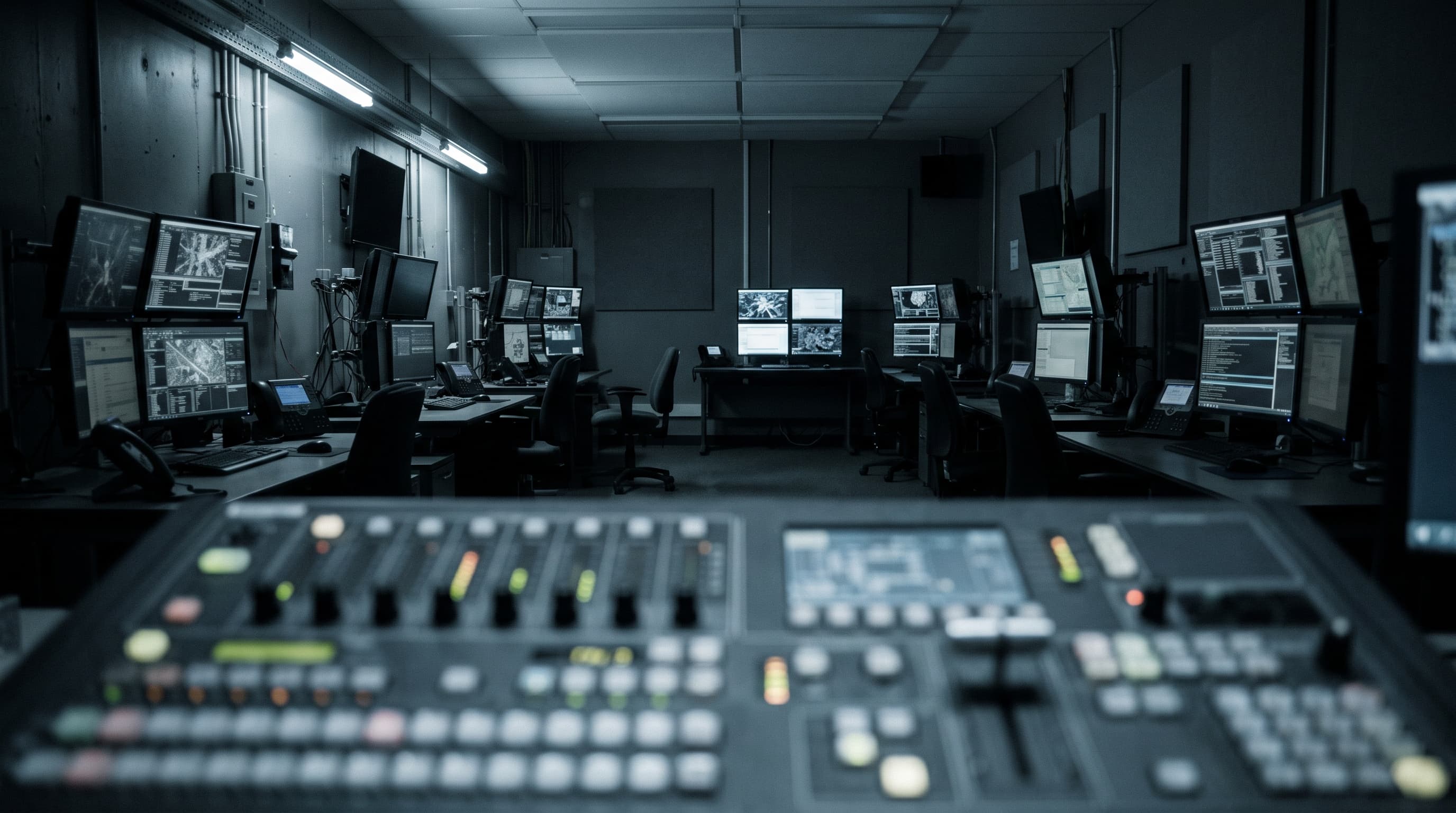 Interior of a dimly lit police surveillance monitoring room with multiple computer workstations and screens viewed from an oblique angle in soft focus.