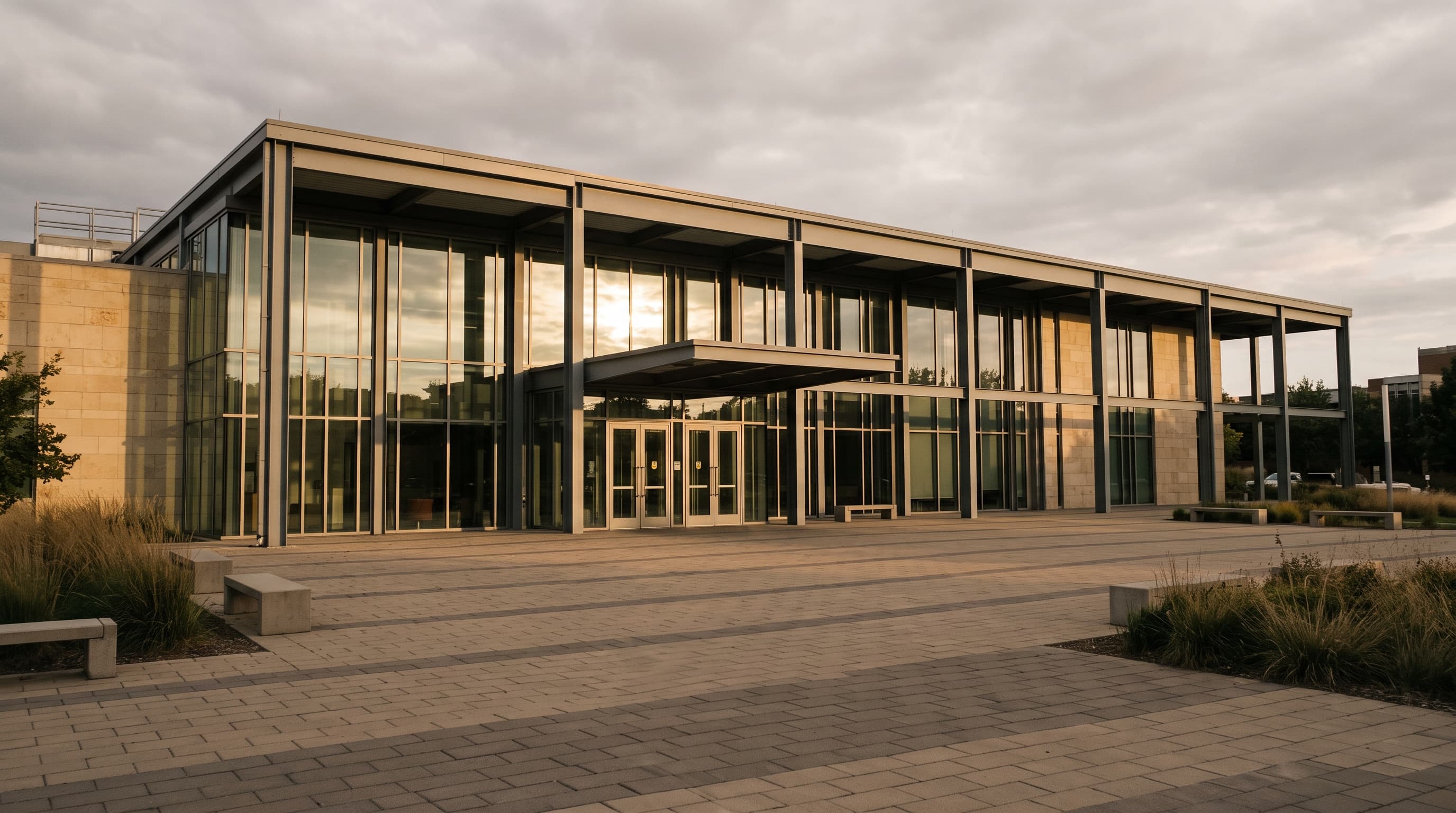 A wide shot of a contemporary municipal building's glass entrance and plaza photographed in golden hour light, conveying institutional and civic governance.