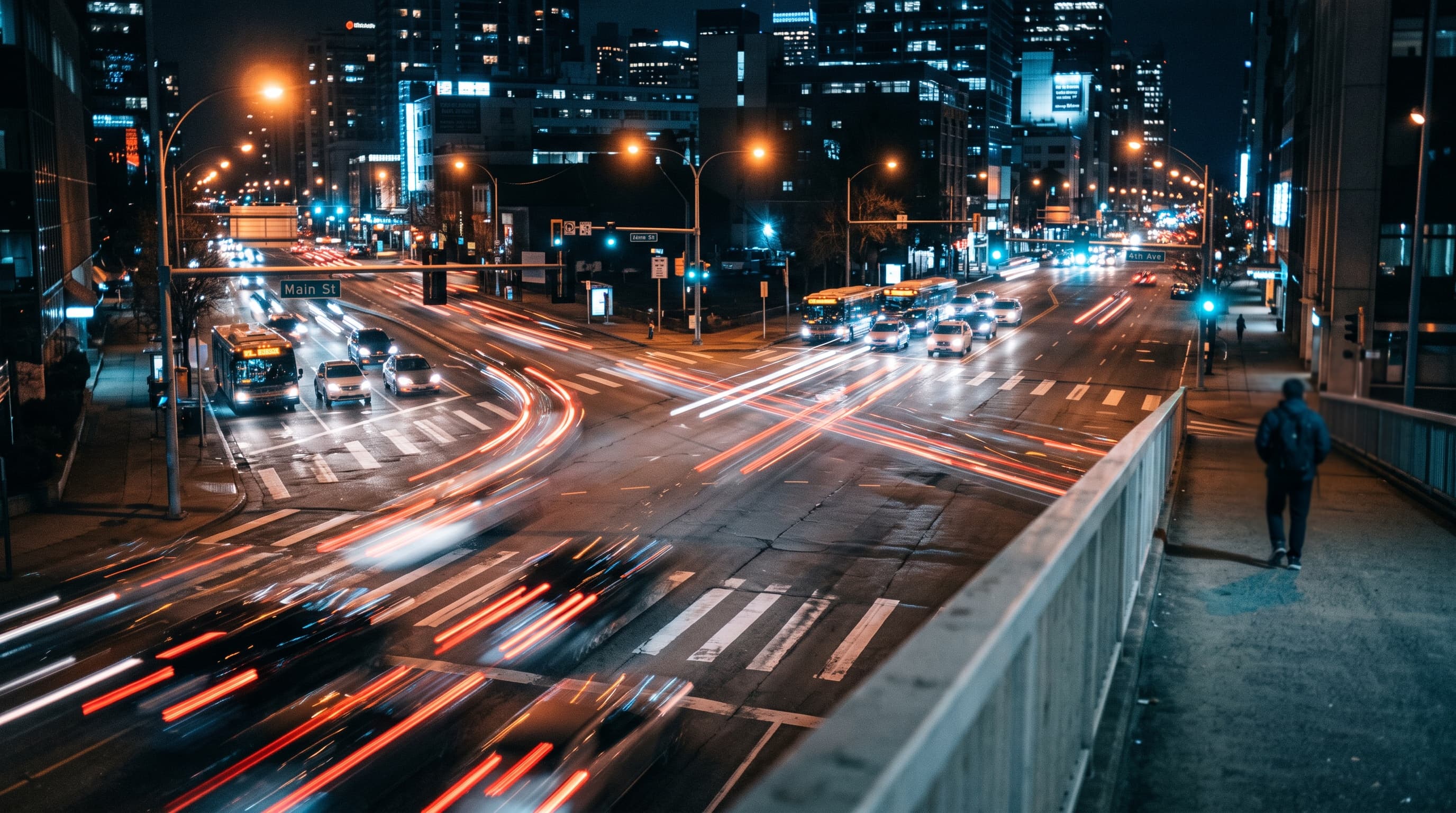 Nighttime traffic intersection photographed from above, showing vehicles and a distant blurred pedestrian on an empty urban street.