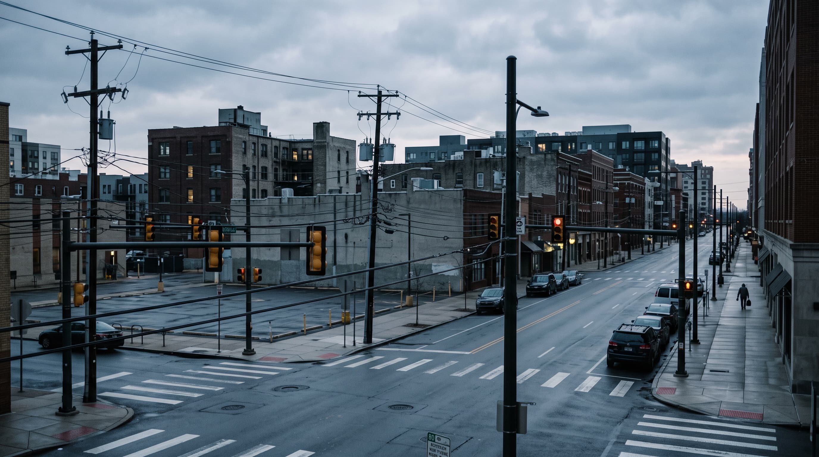 An empty urban street at dawn with traffic signals, utility poles, and vehicles, photographed from above with one blurred figure walking away in the distance.