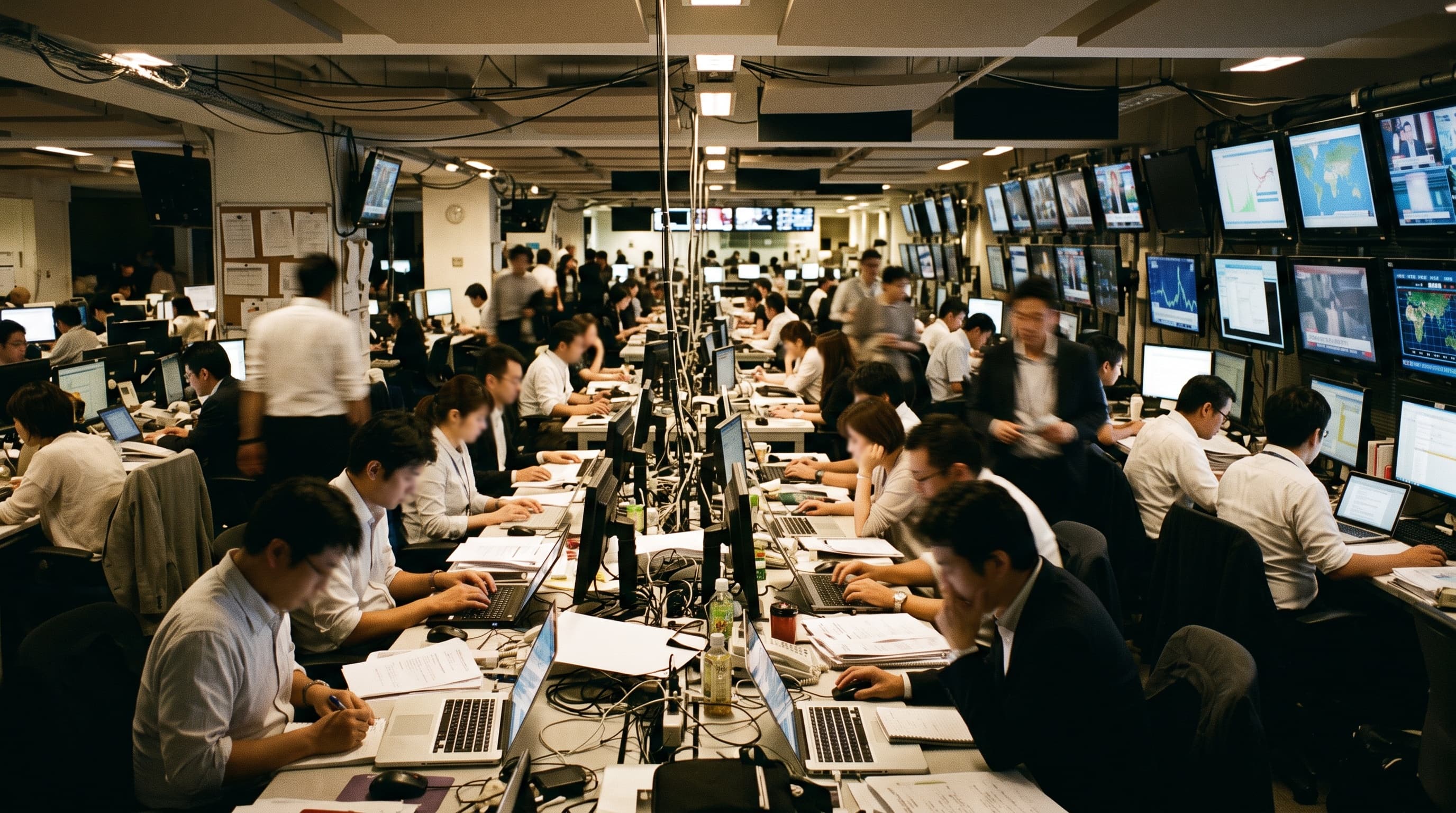 An interior newsroom or media workspace with multiple people working at desks with laptops and papers, lit by warm overhead lighting, showing active collaboration.