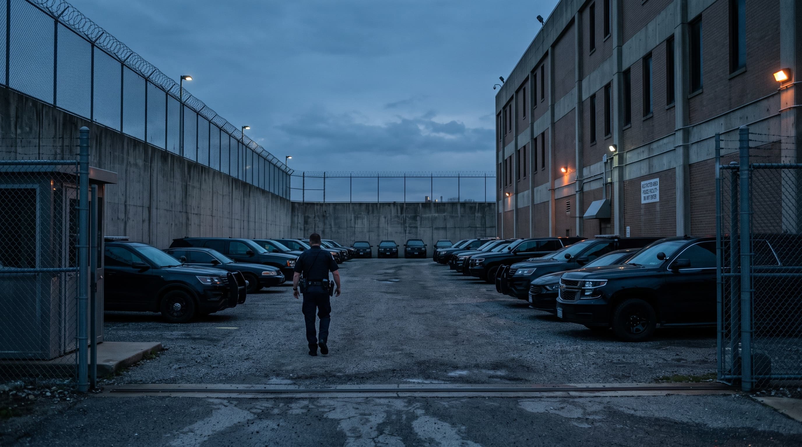 Police facility parking area at twilight with vehicles and a distant uniformed figure viewed from behind.