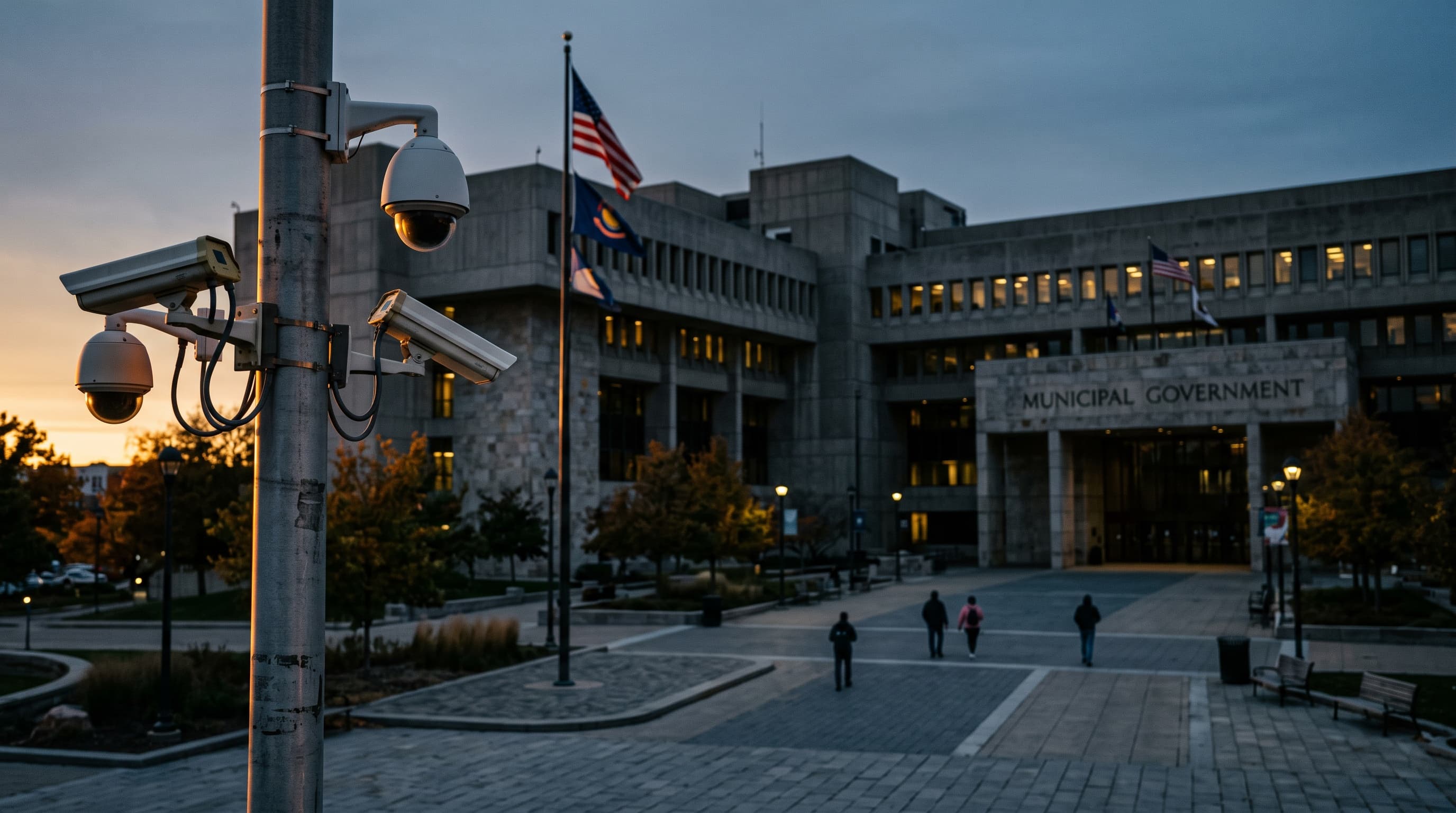 Security cameras mounted on a pole outside a municipal building at dusk, with distant blurred figures and civic architecture in soft focus.