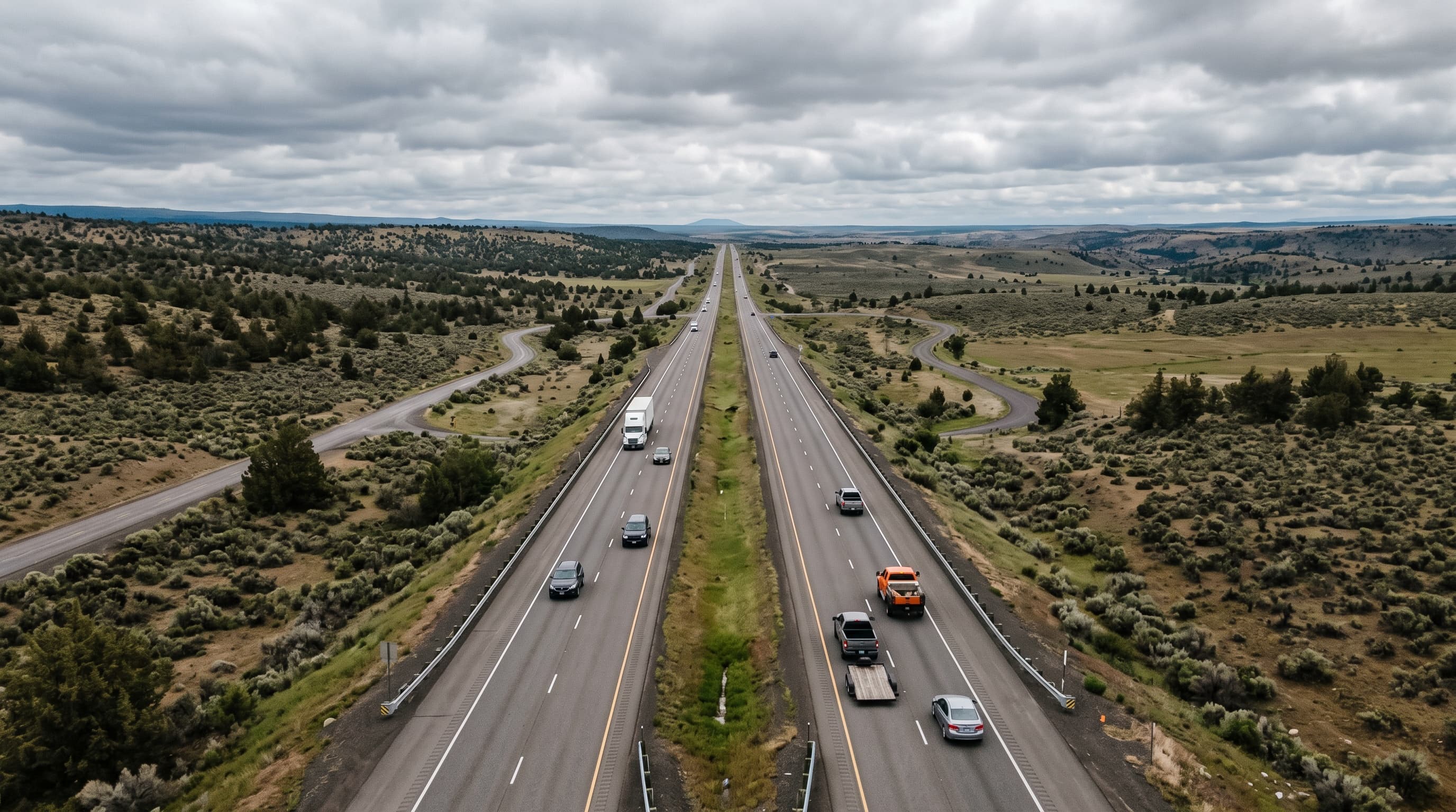 Aerial view of a four-lane highway with scattered vehicles in both directions under overcast sky.