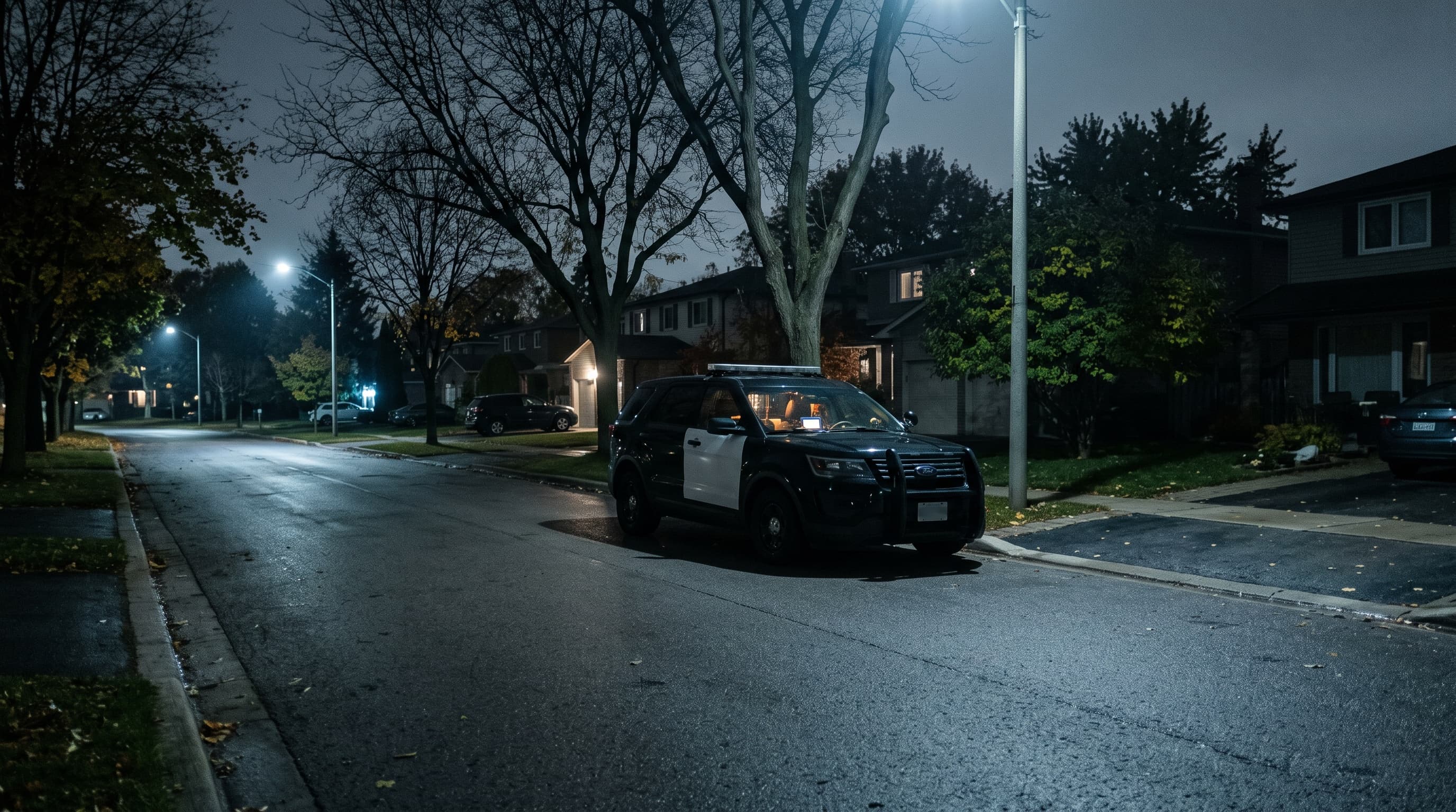A patrol car sits parked on a quiet residential street at dusk with its interior lights illuminated, photographed from a distance.