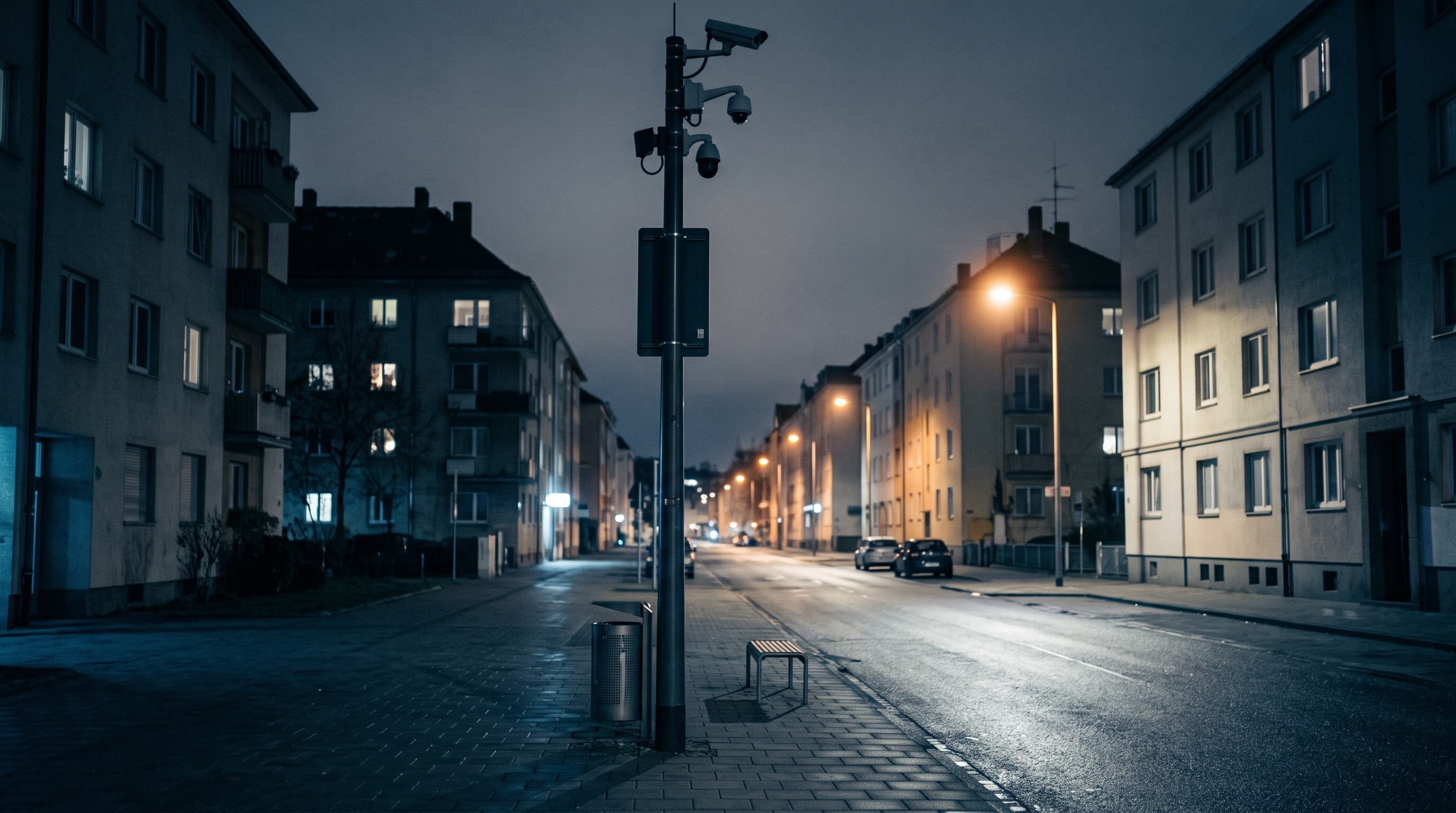 A metal surveillance pole stands on an empty nighttime street beneath overcast sky, photographed from ground level under artificial lighting.